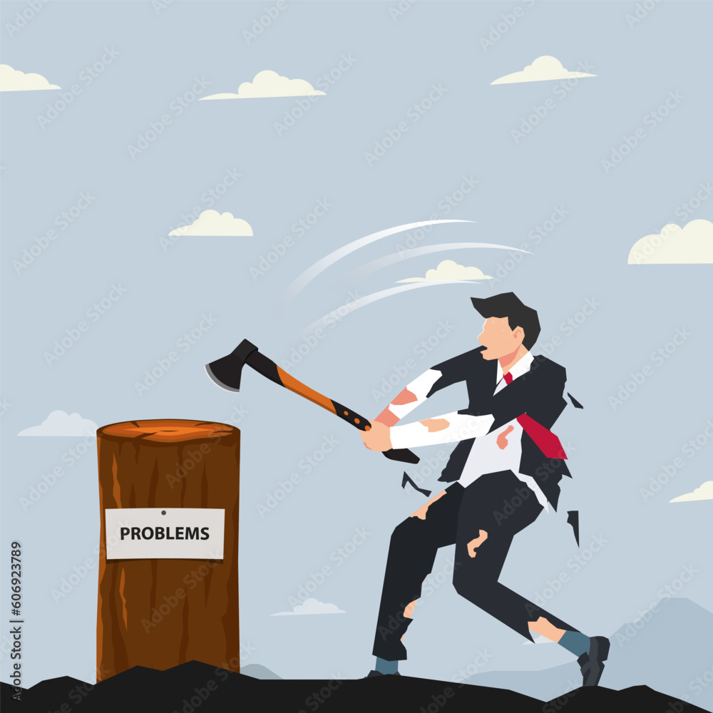 Obraz premium Vector businessman breaking wood of PROBLEMS by big ax design illustration