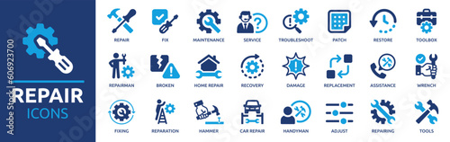 Repair icon set. Containing fix, maintenance, toolbox, assistance, broken, troubleshoot, patch and repairman service icons. Solid icon collection. Vector illustration. photo