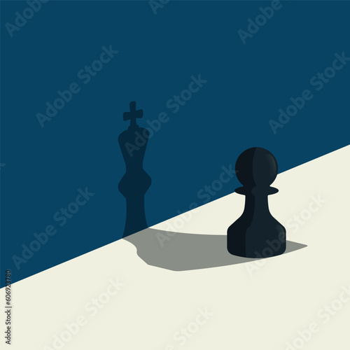 Chess pawn standing with shadow of king. Confident concept vector illustration