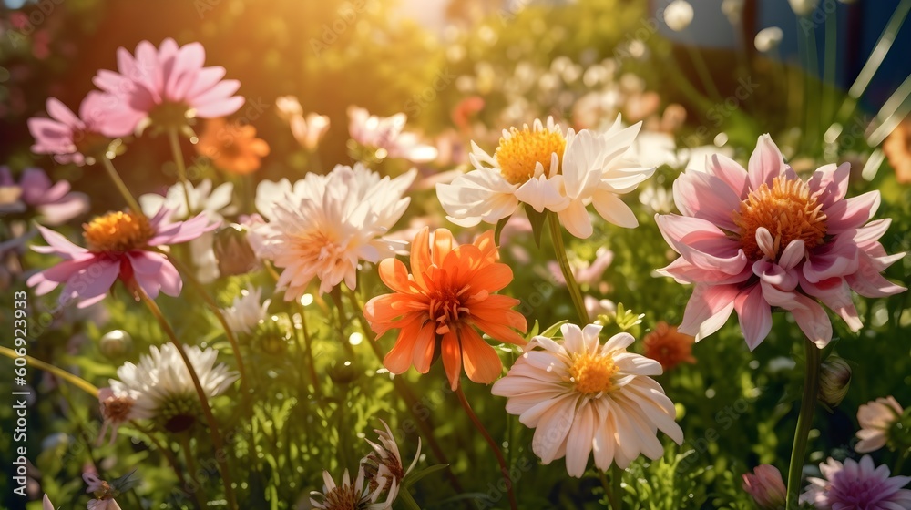 Colorful beautiful flowers Zínnia spring summer in Sunny garden in sunlight on nature outdoors, generative AI Colorful beautiful flowers Zínnia spring summer in Sunny garden in sunlight on nature outdoors, generative AI