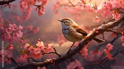 Delightfully beautiful nightingale bird on a flowering tree in spring, generative AI © Nadine