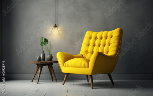 Modern living room interior with yellow armchair on empty gray wall background , Generative AI 