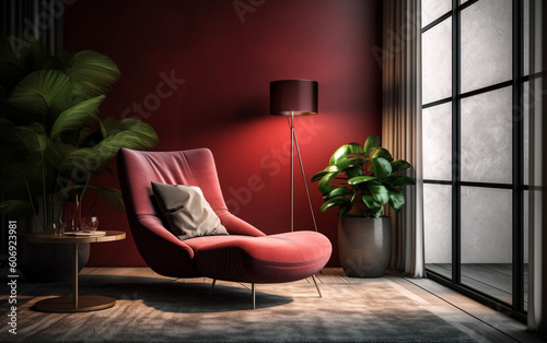 Modern living room with maroon accent chair and dark accent wall , Generative AI	
