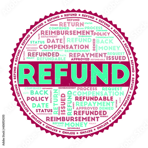 REFUND word image. Refund concept with word clouds and round text. Nice colors and grunge texture. Amazing vector illustration.