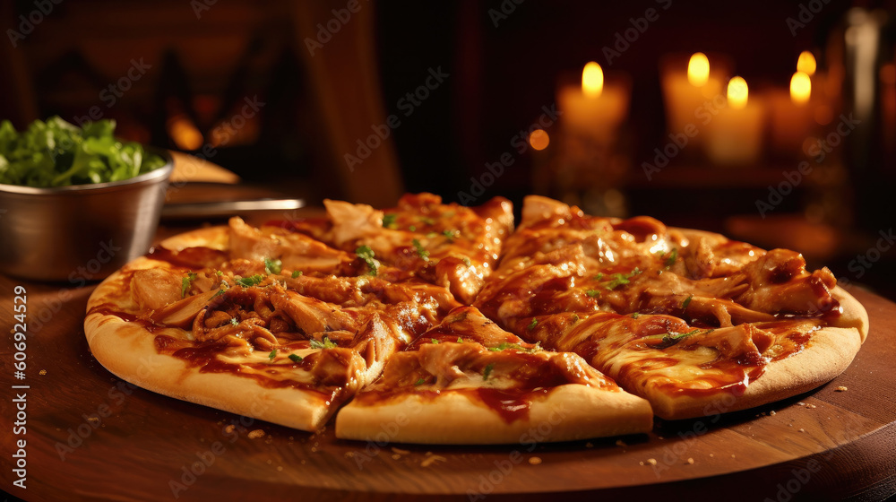 BBQ Bliss: A Photograph of a BBQ Chicken Pizza Bathed in Warm, Soft Glow