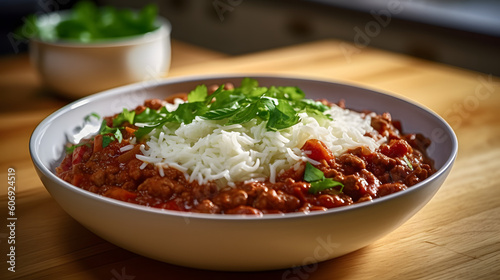 Chilli con carne with rice in a bowl, homecooked dish, generative AI