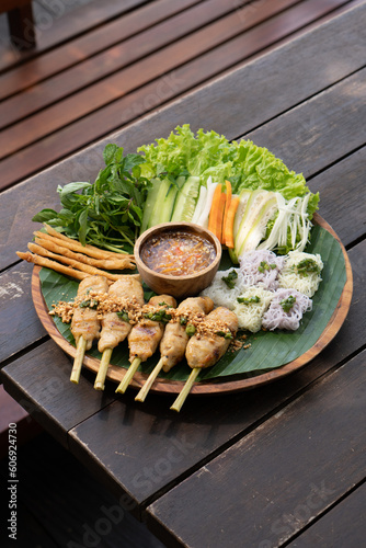 Vietnamese food named Nem Nướng Gà fresh plater meal food snack on the table copy space food background