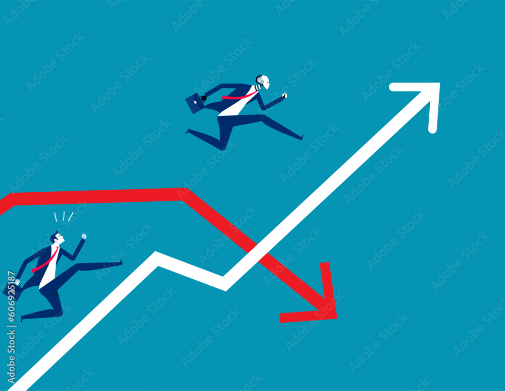 Robot jumping pass the arrow graph. Business artificial intelligence concept Robot jumping pass the arrow graph. Business artificial intelligence concept