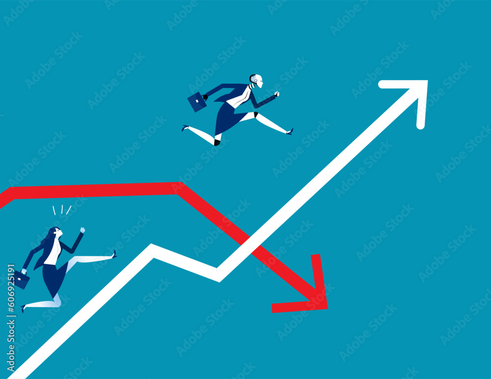Robot jumping pass the arrow graph. Business artificial intelligence concept Robot jumping pass the arrow graph. Business artificial intelligence concept