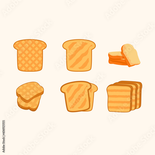 Cartoon set toasts fresh toasted whole grain wheat bread slices with butter illustration