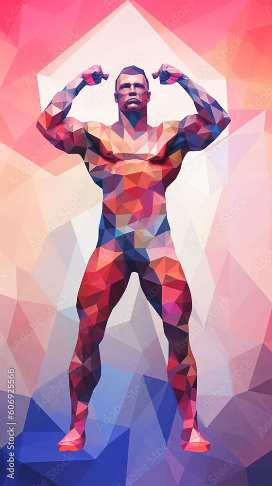 Body builder man posing, artistic poster style of man in geometric shapes