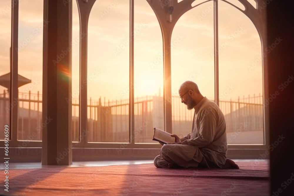 Muslim man reading Quran in Mosque at sunset or sunrise. Eastern religion and knowledge concept. Generative AI Muslim man reading Quran in Mosque at sunset or sunrise. Eastern religion and knowledge concept. Generative AI