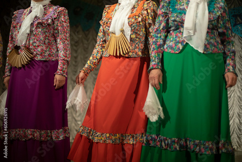 Russian folk costume. Folk clothes. Folklore ensemble.