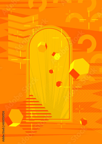 Yellow simple geometric vector banner, poster. Vibrant old geometrical shapes background. Abstract retro graphic busy psychodelic volumetric art illustration.
