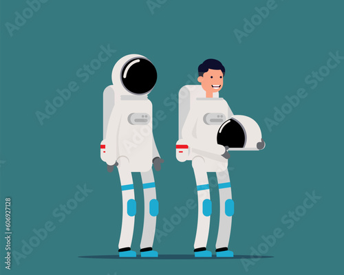Astronaut with helmet on  and off. Vector illustration space pilot concept