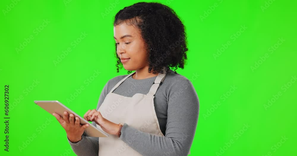 Tablet, typing and woman in a studio with green screen networking on social media or the internet. Technology, browsing and female model chatting on app with a digital mobile by chromakey background. Tablet, typing and woman in a studio with green screen networking on social media or the internet. Technology, browsing and female model chatting on app with a digital mobile by chromakey background.