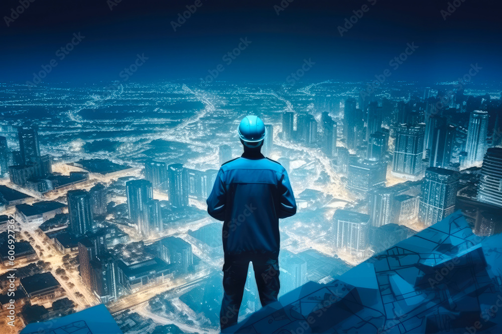 Construction engineer holding plan in double exposure above blue city and construction site. Imagining redevelopment concept. Generative AI Construction engineer holding plan in double exposure above blue city and construction site. Imagining redevelopment concept. Generative AI