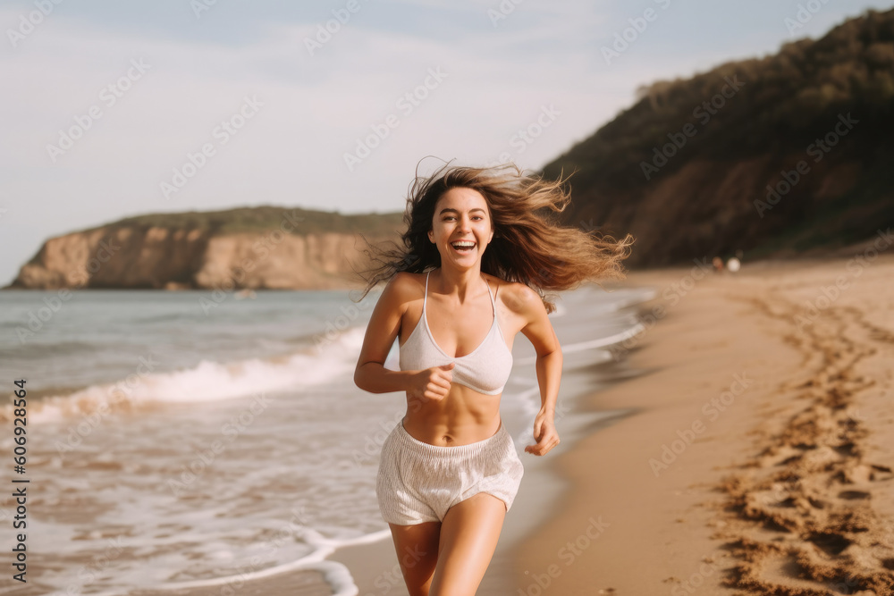 Happy woman running on shore at beach, splashing some water. Generative AI Happy woman running on shore at beach, splashing some water. Generative AI
