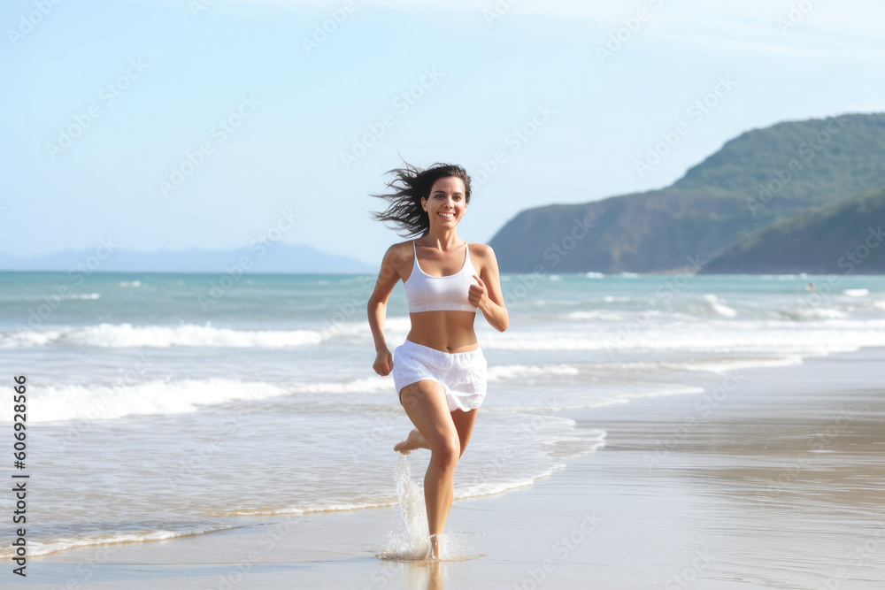 Happy woman running on shore at beach, splashing some water. Generative AI Happy woman running on shore at beach, splashing some water. Generative AI