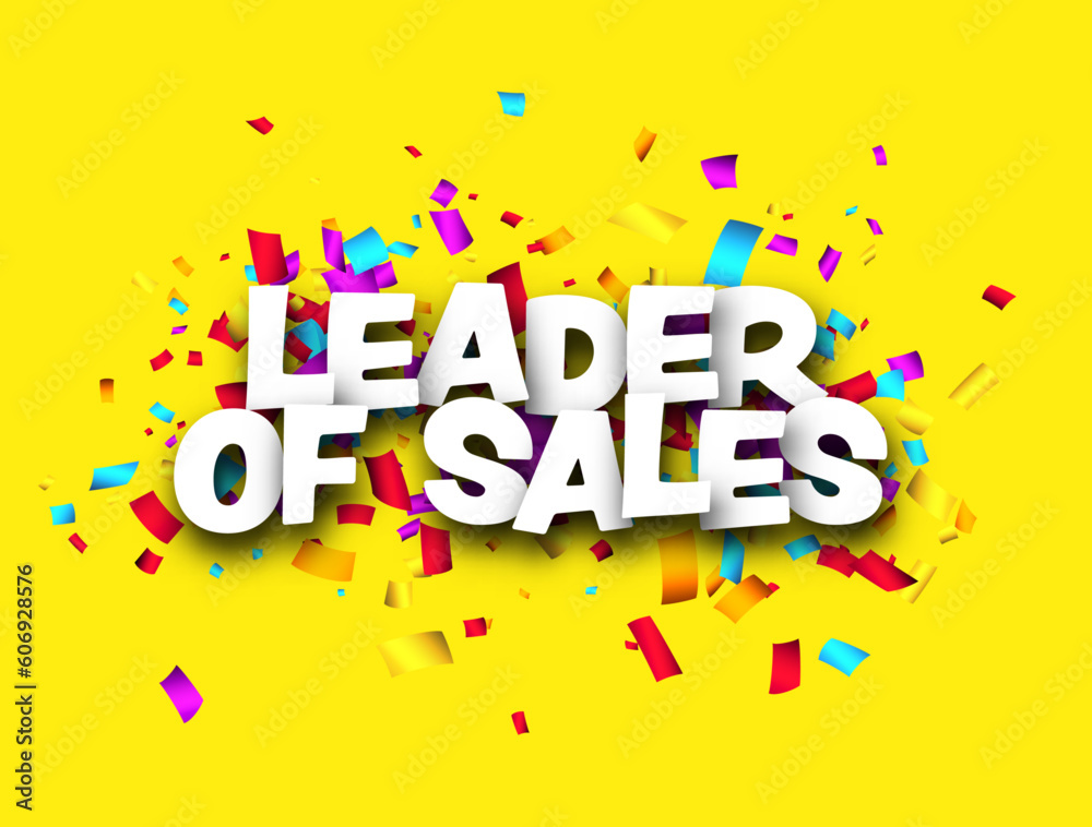 Leader of sales sign over colorful ribbon confetti on yellow background. Design element. Vector illustration. Leader of sales sign over colorful ribbon confetti on yellow background. Design element. Vector illustration.