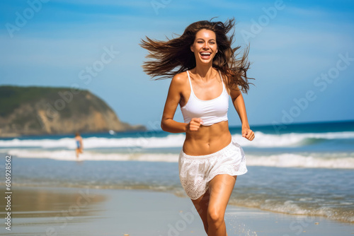 Happy woman running on shore at beach, splashing some water. Generative AI © MVProductions