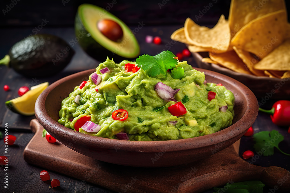 Plate of guacamole with tortilla chips, IA generativa Plate of guacamole with tortilla chips, IA generativa
