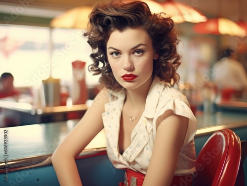 50s style portrait of a brunette woman with red lipstick in an american diner  generative ai