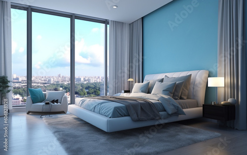 Relaxing cyan and gray bedroom with large windows and city view, Generative AI   © Jhati
