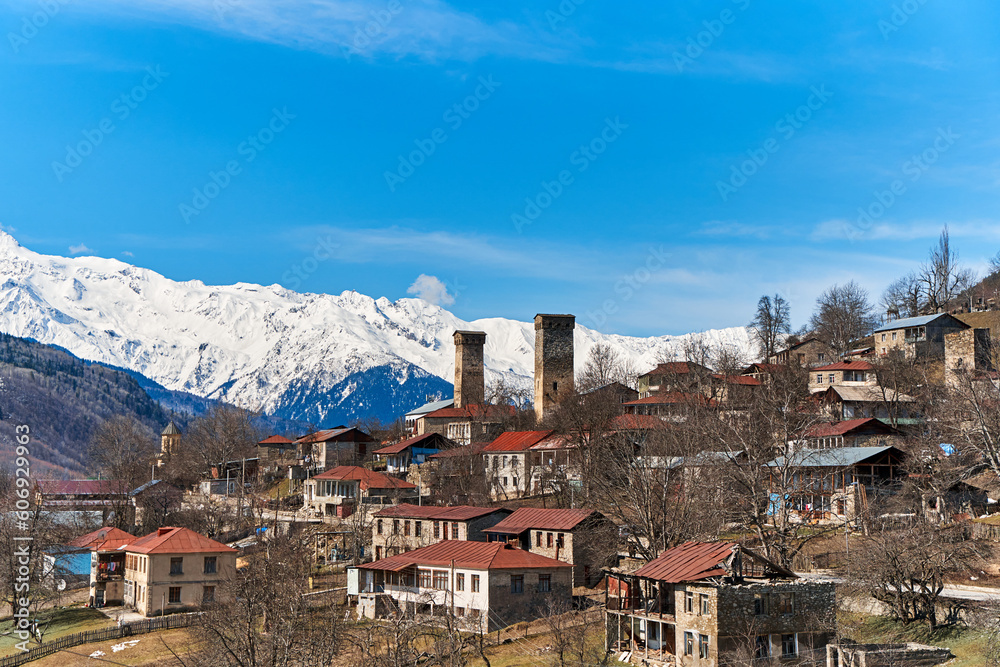 Landscape view of the town of Mestia in the Sakartvelo Mountains. The famous towers of Svania