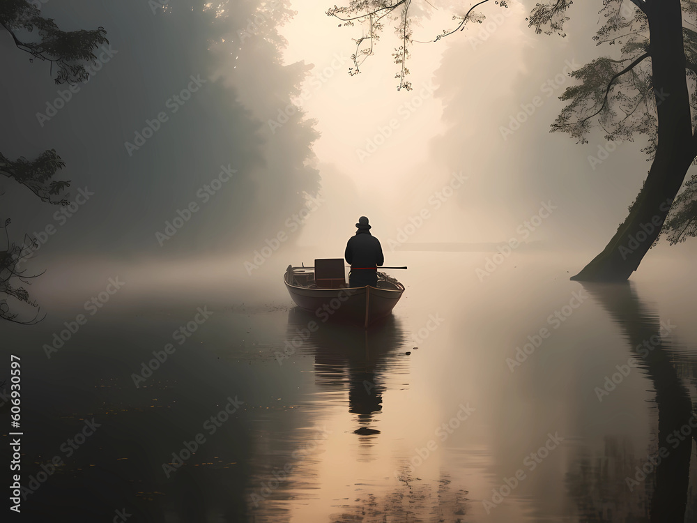 Striking Image of a Man's Peaceful Boat Ride Amidst Fog and Forest