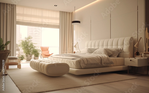 Modern Serene Ivory Bedroom with Modern Minimalist Decor, Generative AI	