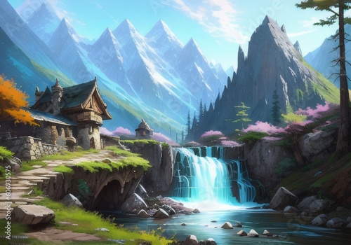 A Painting Of A Mountain Stream, Scenery Artwork, Scenery Art Detailed, Generated Ai