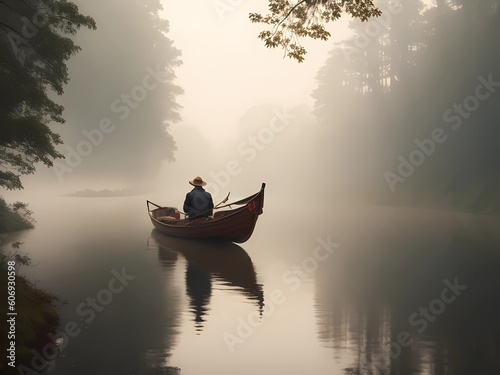 Man's Serene Boat Ride in a Foggy Forest River