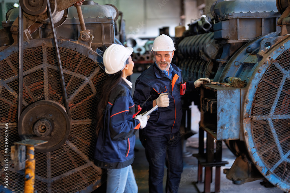 Two technical workers working in a maintenance shop checking heavy engine industry factory 
