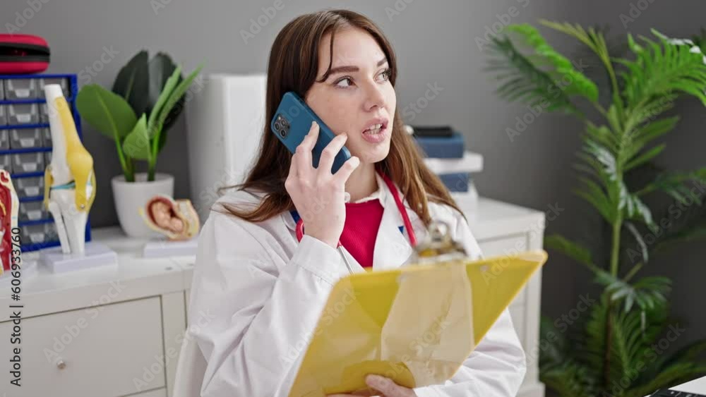 Young hispanic woman doctor talking on smartphone reading document at clinic Young hispanic woman doctor talking on smartphone reading document at clinic