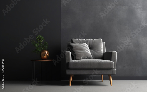 Stylish gray armchair in contemporary living room on empty dark gray wall background, Generative AI 