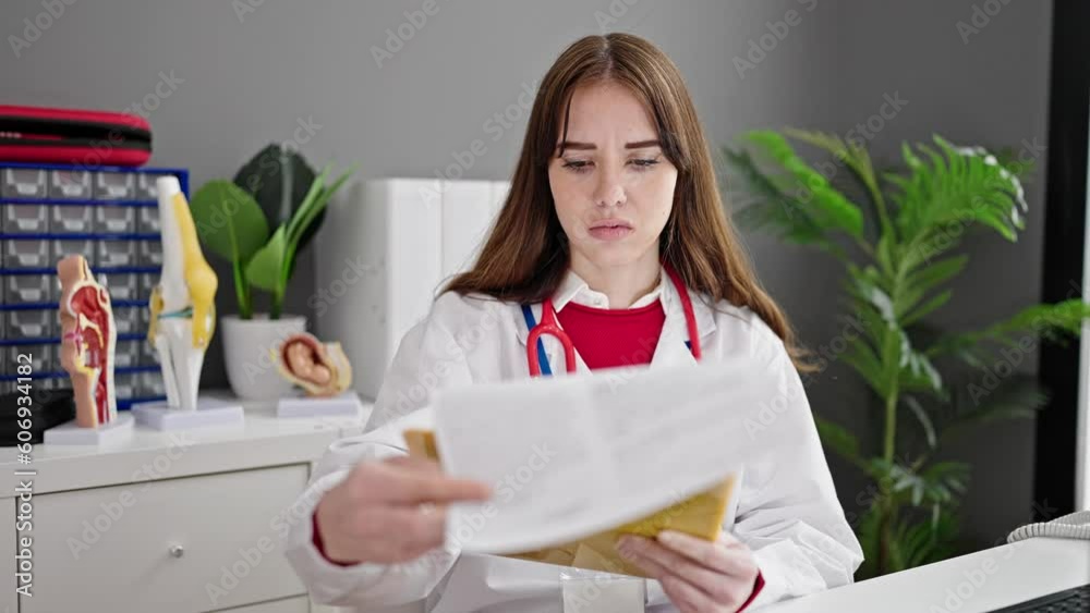 Young hispanic woman doctor reading medical report thinking at clinic Young hispanic woman doctor reading medical report thinking at clinic