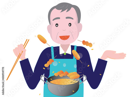 一人暮らしの高齢者の男性が揚げ物の料理をしている。