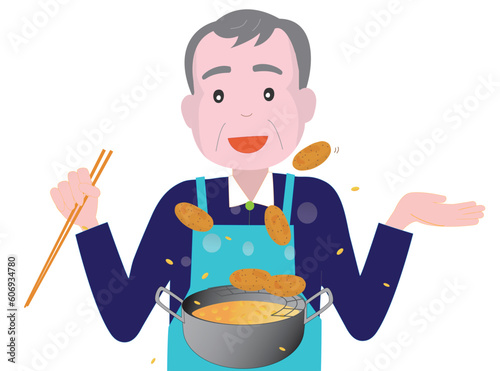 一人暮らしの高齢者の男性が揚げ物の料理をしている。