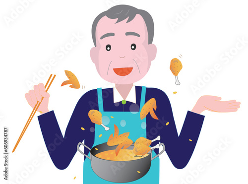 一人暮らしの高齢者の男性が揚げ物の料理をしている。