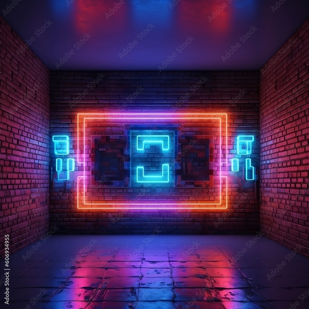 Modern futuristic neon lights on old grunge brick wall room background. 3d rendering