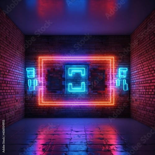 Modern futuristic neon lights on old grunge brick wall room background. 3d rendering