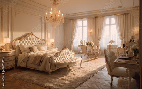 luxury timeless Elegance Ivory Bedroom with Classic Furniture and Soft Lighting, Generative AI  © Jhati
