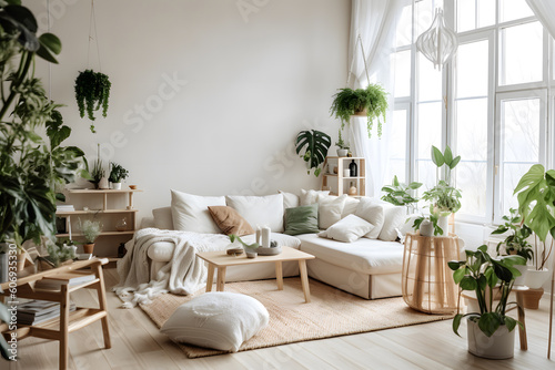 Nordic Elegance  A Living Room with Balanced Blend of Light Wood Accents with generative AI Technology