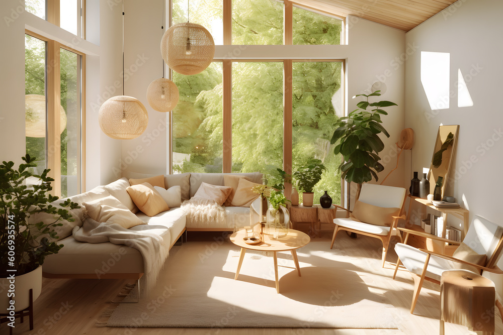 Nordic Elegance: A Living Room with Balanced Blend of Light Wood Accents with generative AI Technology
