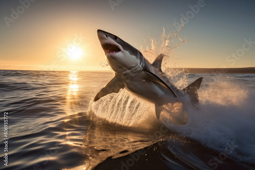 A shark leaping out of the water creates a powerful image of apex predator hunting its prey. This action shot in blue tones is perfect for wildlife and conservation themes. AI Generative.