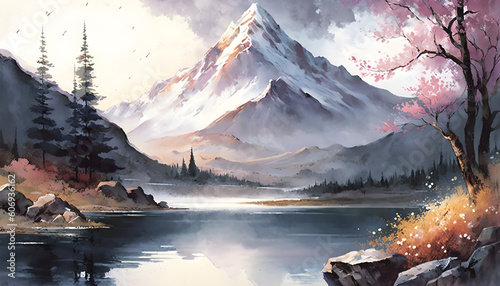 Watercolor Horizons: Serene Landscape Paintings Generative AI