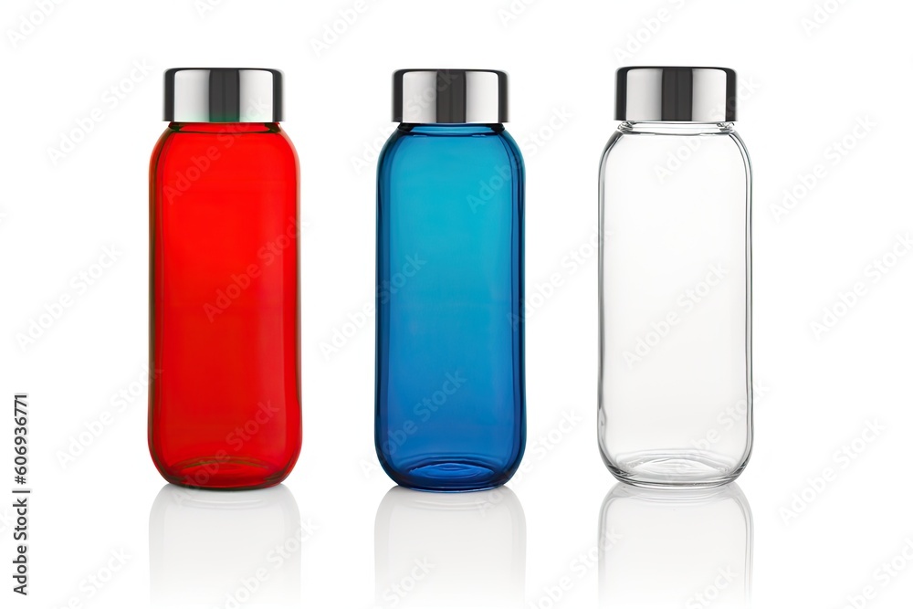 three glass bottles with silver caps in different colors Generative AI three glass bottles with silver caps in different colors Generative AI