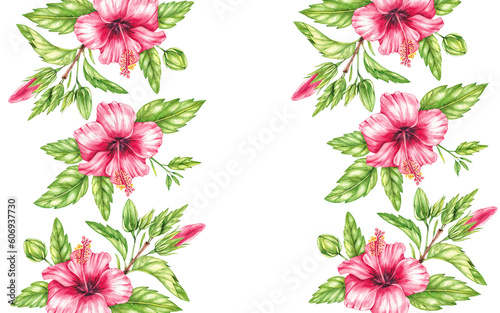 Watercolor background with red hibiscus flowers on a white background