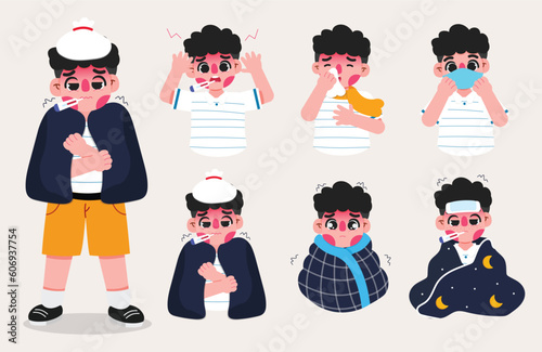 sick boy with a thermometer in his mouth and high fever. vector illustration